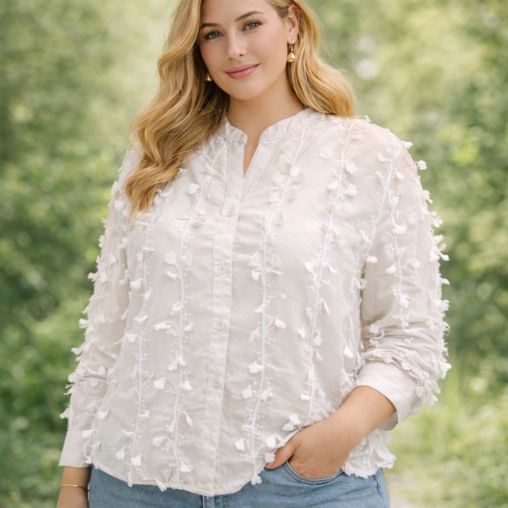 Alice Blue Blouse 3D Floral Applique Sheer Romantic White 3XL